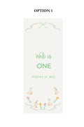 A vertical baby shower invitation card design labeled 'OPTION 1' at the top. The card has a warm off-white background with green script and block text reading 'Well is ONE' and the date 'September 13, 2026,' plus small pastel illustrations of birds, flowers, and vines near the bottom.