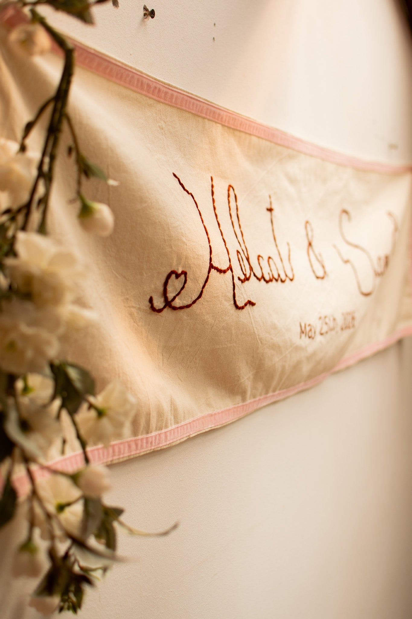 Custom Hand Embroidered Wedding Banner with Velvet Trim