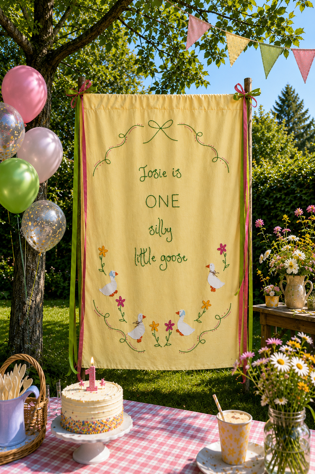 Hand Embroidered First Birthday Banner | Custom Name Goose & Floral Backdrop