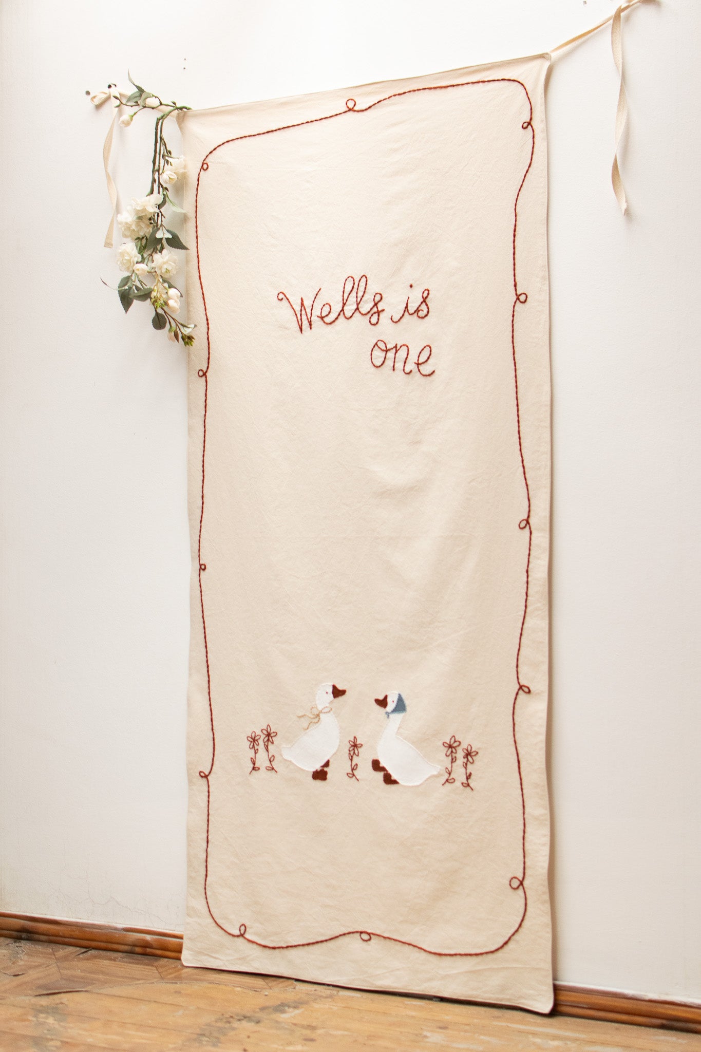 Hand Embroidered Birthday Banner | Personalized Goose & Floral Vertical Banner