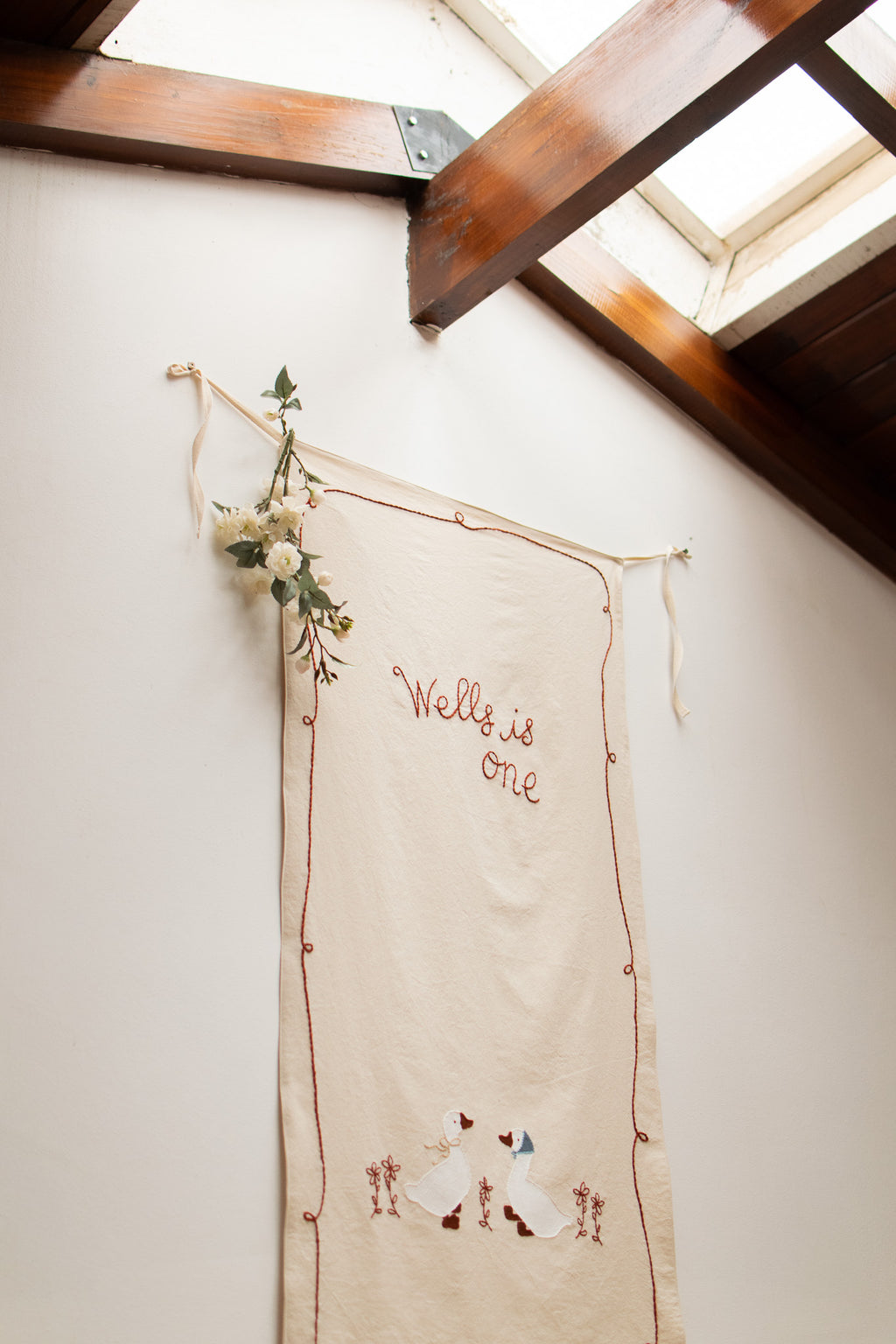 Hand Embroidered Birthday Banner | Personalized Goose & Floral Vertical Banner